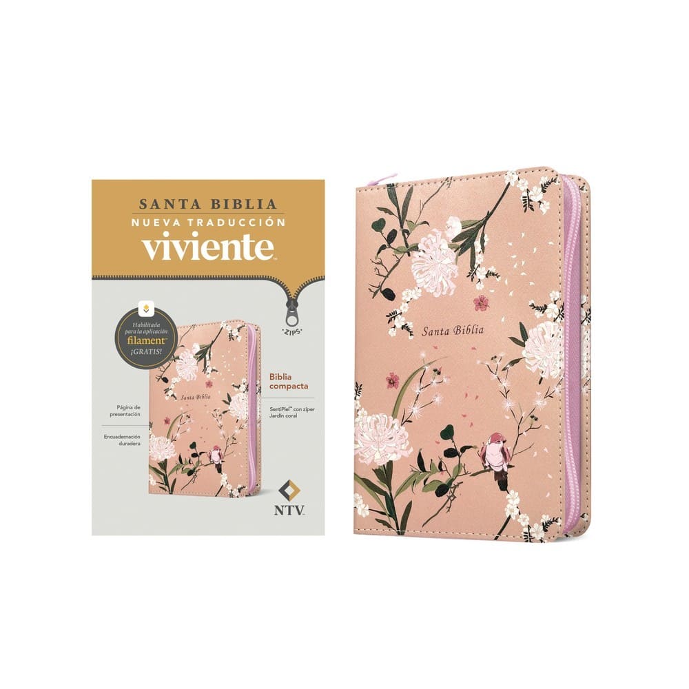 Biblia compacta con zíper y filamento en edición coral de letra negra