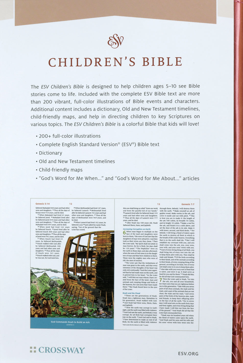 Coral leather bound ESV Children's Bible open on a page