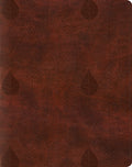 Close-up of a chestnut ESV Single Column Journaling Bible with leaves design