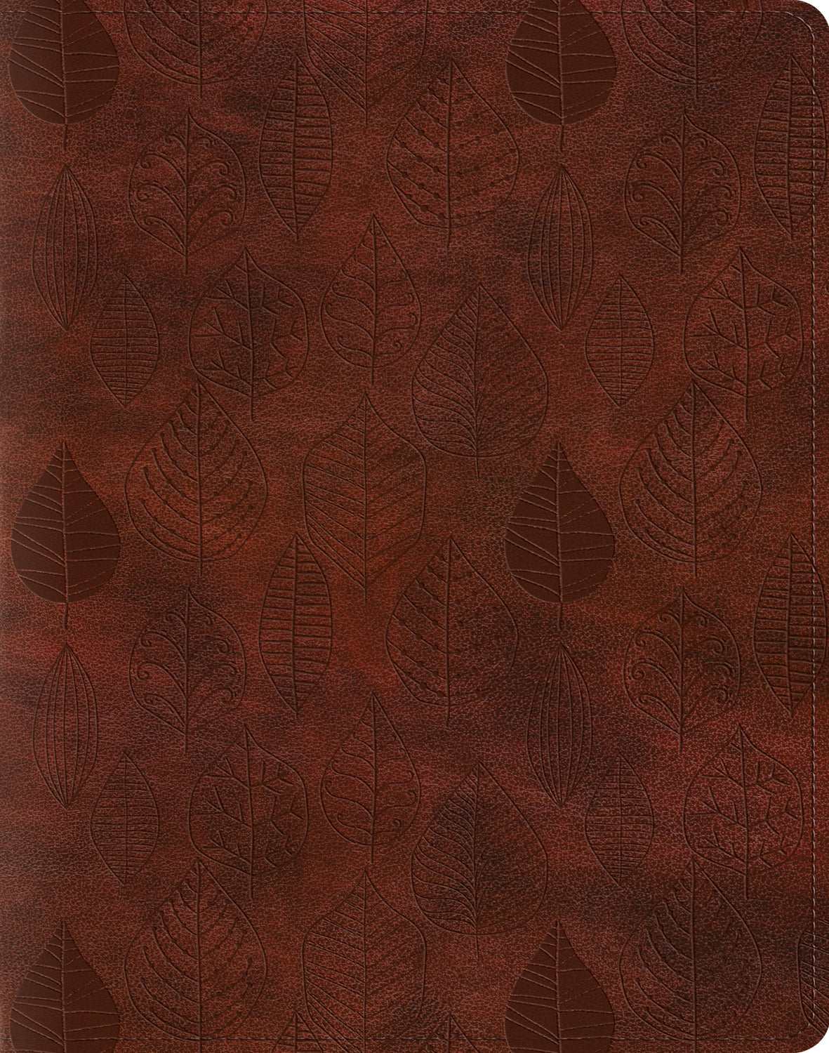 Close-up of a chestnut ESV Single Column Journaling Bible with leaves design