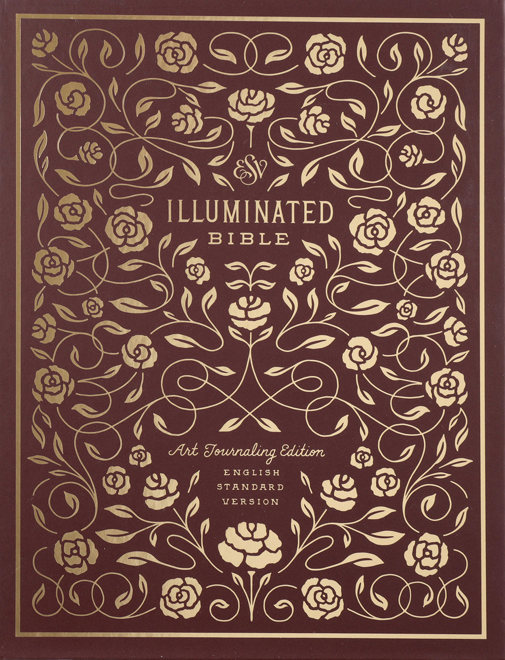 Close-up of Nubuck Caramel ESV Illuminated Bible, Art Journaling Edition with 1 Chronicles 16:34 design