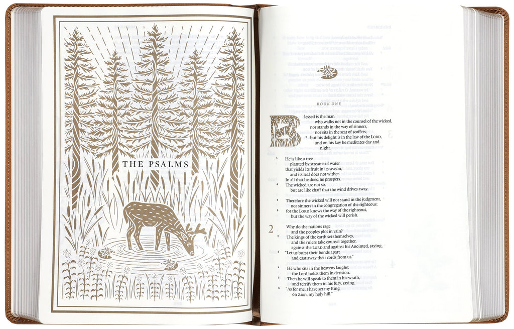 ESV Illuminated Bible, Art Journaling Edition (Nubuck Caramel, 1 Chronicles 16:34 Design)