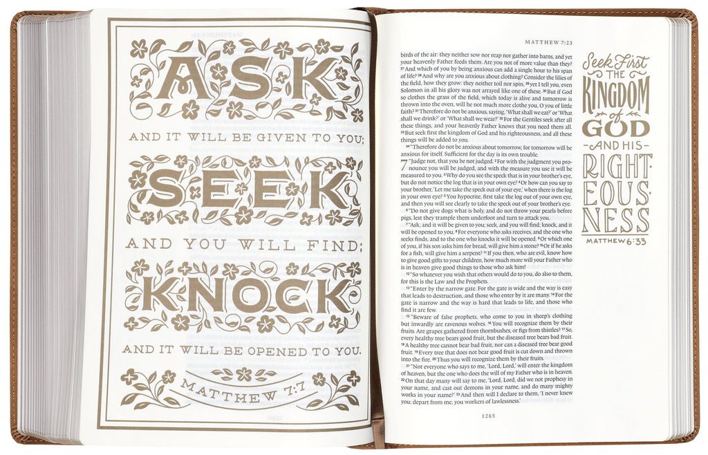 ESV Illuminated Bible, Art Journaling Edition (Nubuck Caramel, 1 Chronicles 16:34 Design)