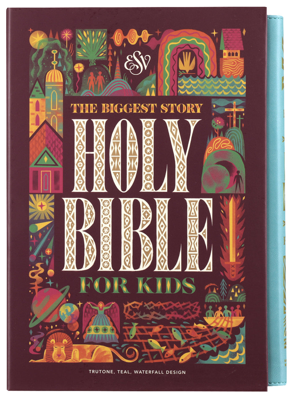 ESV The Biggest Story Holy Bible for Kids in Teal Waterfall Design on a table