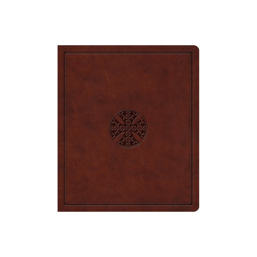Brown leather binding with mosaic cross design on the cover of the ESV Journaling Bible