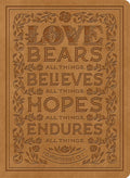The ESV Single Column Journaling Bible with black letter edition and nubuck caramel cover, featuring a 1 Corinthians 13:7 des