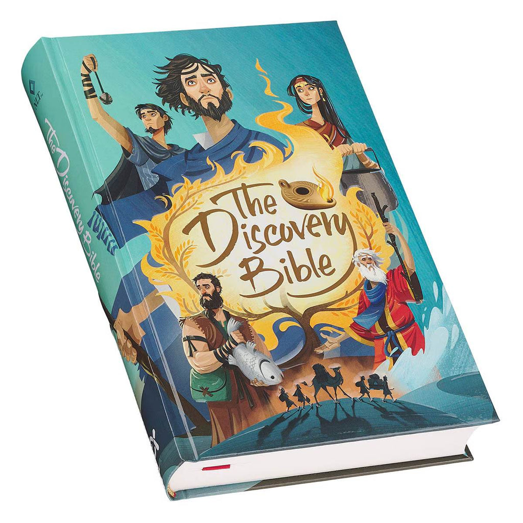 NLT Discovery Bible for Kids on a table, with a group of children gathered around it, exploring and learning