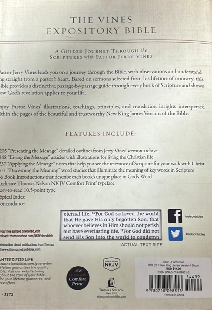 The NKJV, Vines Expository Bible Hardcover : A Guided Journey Through the Scriptures with Pastor Jerry Vines