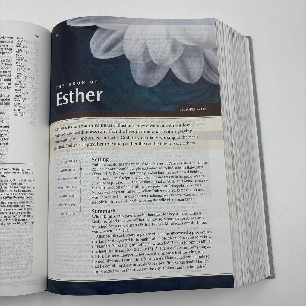 Close-up of NLT Illustrated Study Bible Deluxe Linen Slate Grey