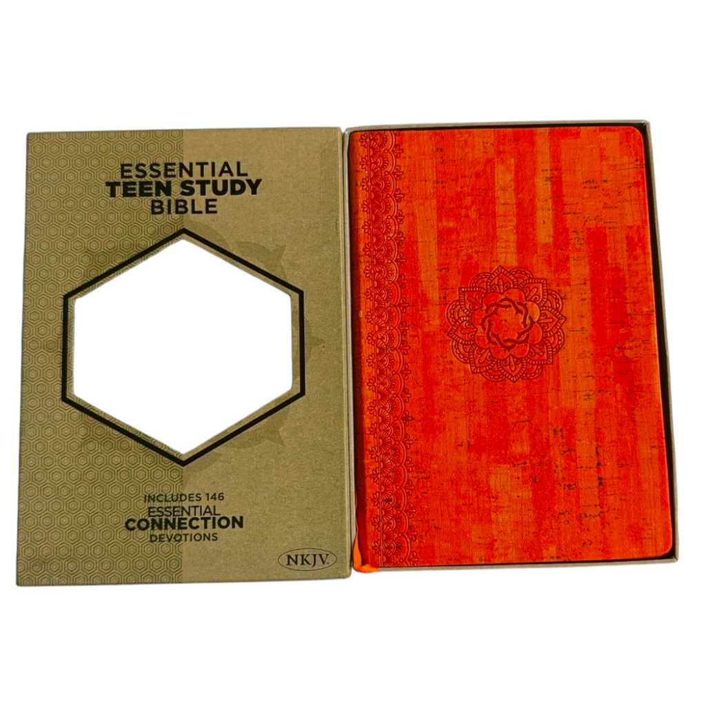 NKJV Essential Teen Study Bible – Orange Cork LeatherTouch (146 Devotions)