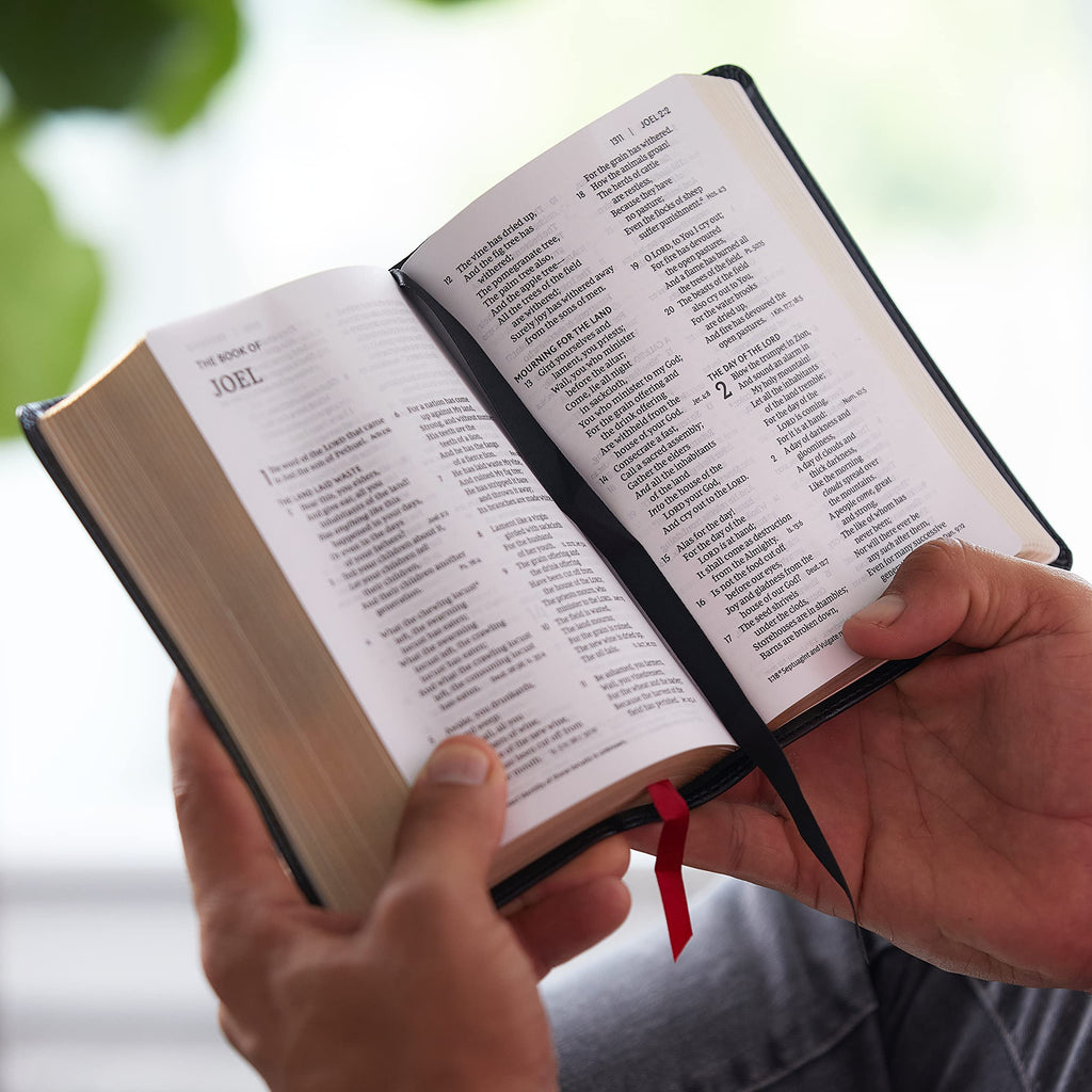 Compact NKJV Bible featuring imitation leather cover and red letter reference markings.