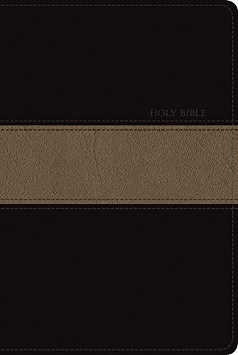 Close-up of NLT Slimline Center Column Reference Bible in black and taupe imitation leather.