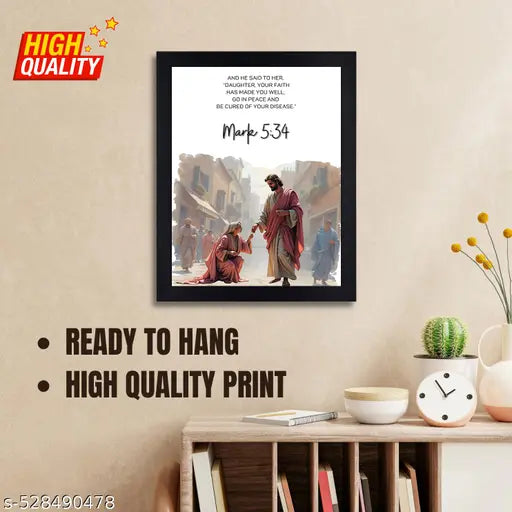 Mark 5:34 Biblical Scripture Wall Art Print - Religious Home Decor with Black Frame