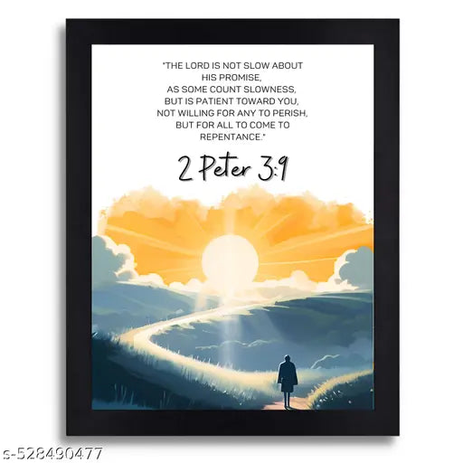 2 Peter 3:9 Bible Verse Wall Art - Religious Scripture Print Featuring Sunset Landscape in Black Frame