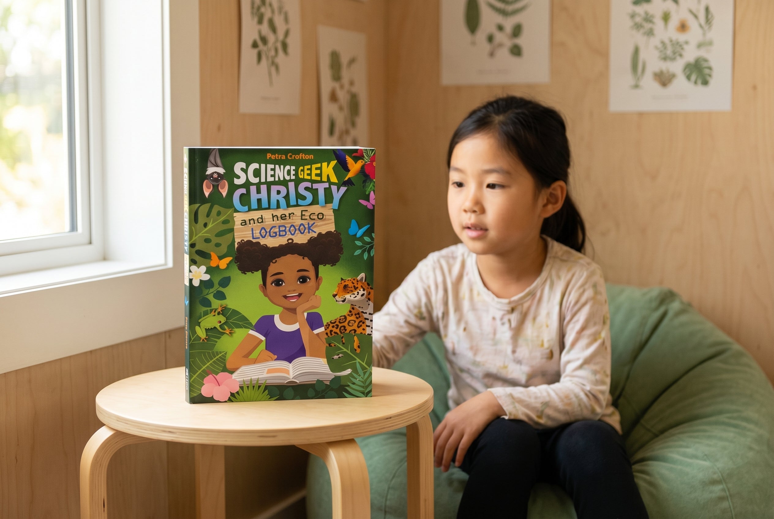 Studio photo of Science Geek Christy and her Eco-Logbook in lifestyle