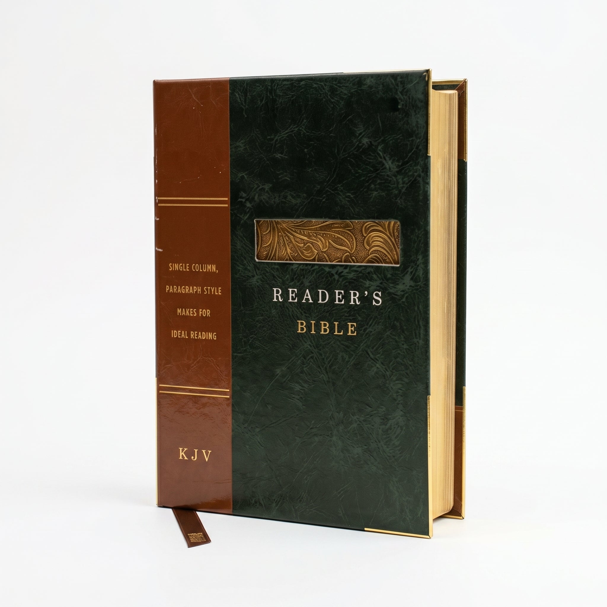 Studio photo of KJV Reader's Bible, Black/Brown Tooled LeatherTouch in hero