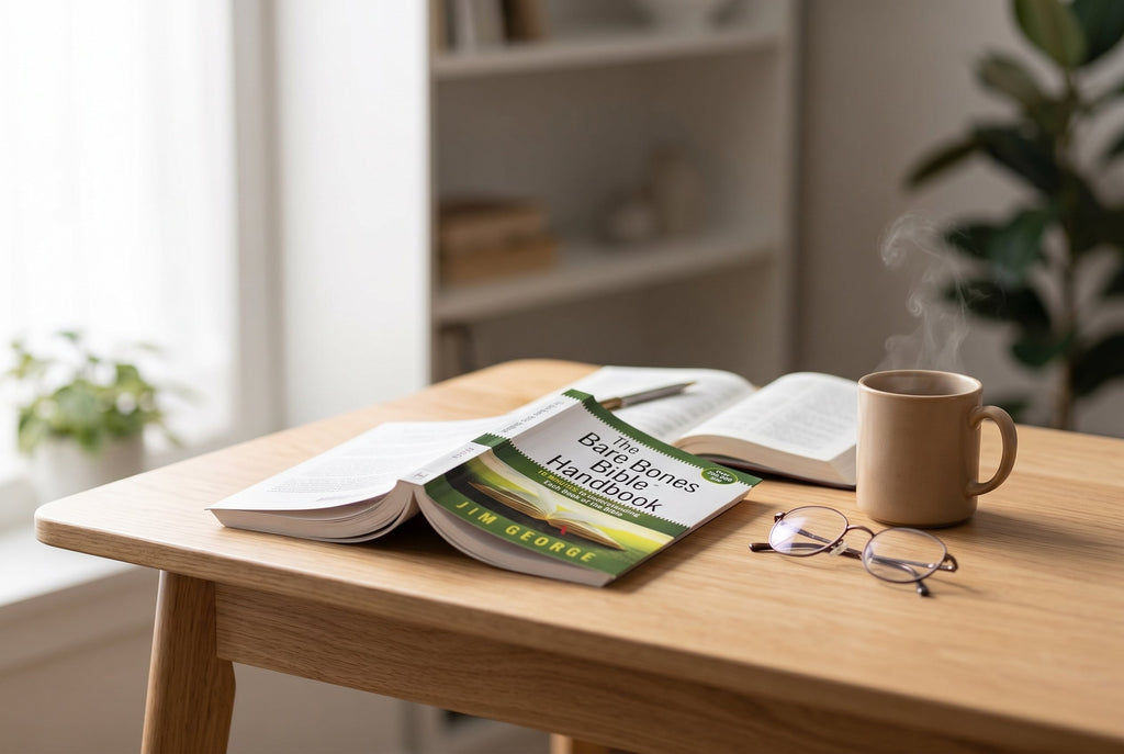 Studio photo of The Bare Bones Bible Handbook in lifestyle