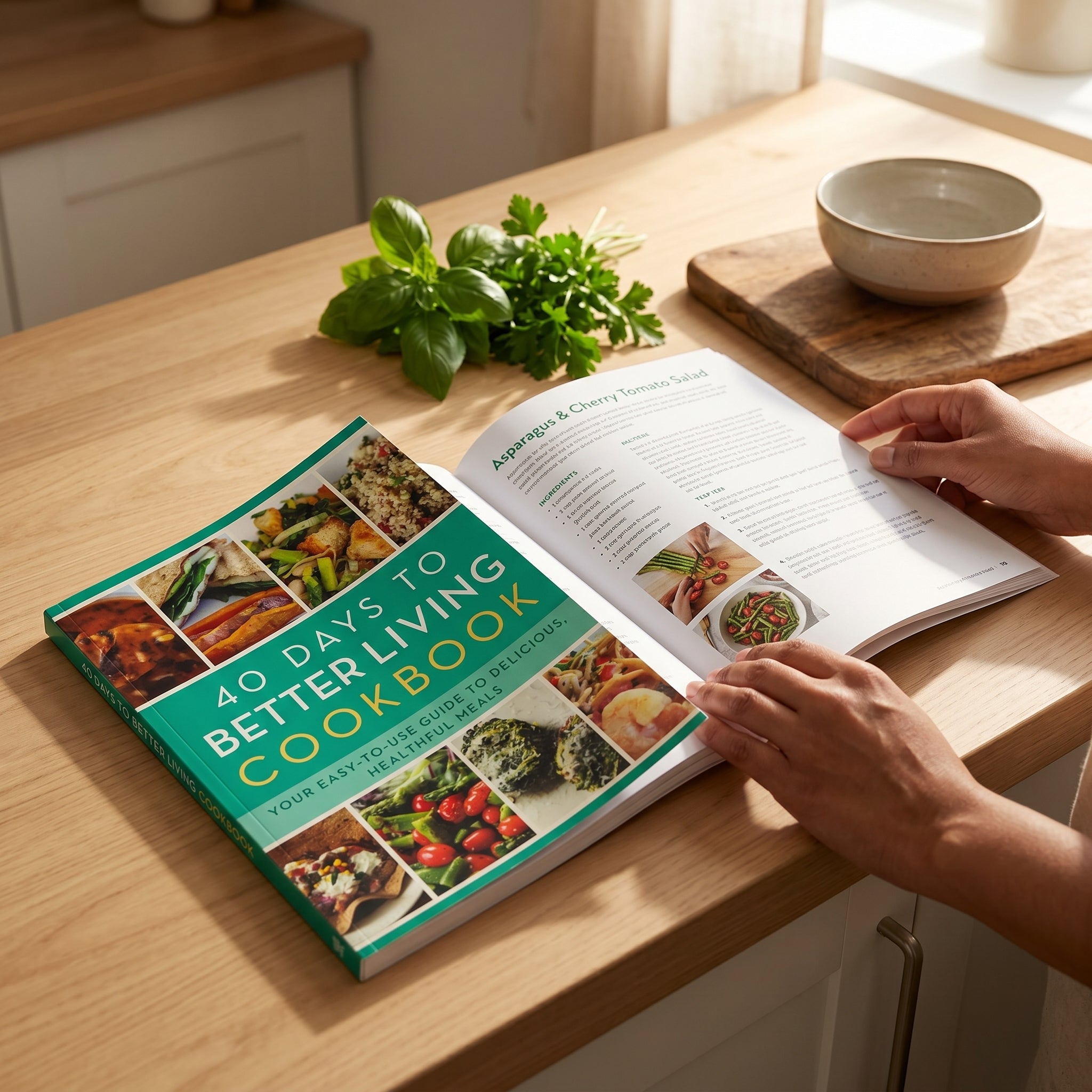 Studio photo of The 40 Days to Better Living Cookbook: Your Easy-to-Use Guide to Delicious, Healthful Meals in lifestyle