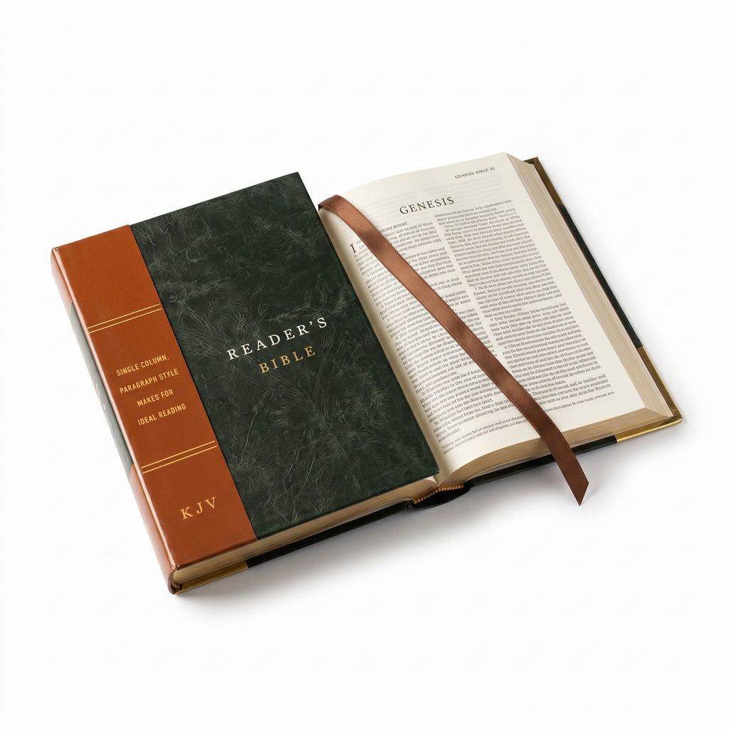 Studio photo of KJV Reader's Bible, Black/Brown Tooled LeatherTouch in context