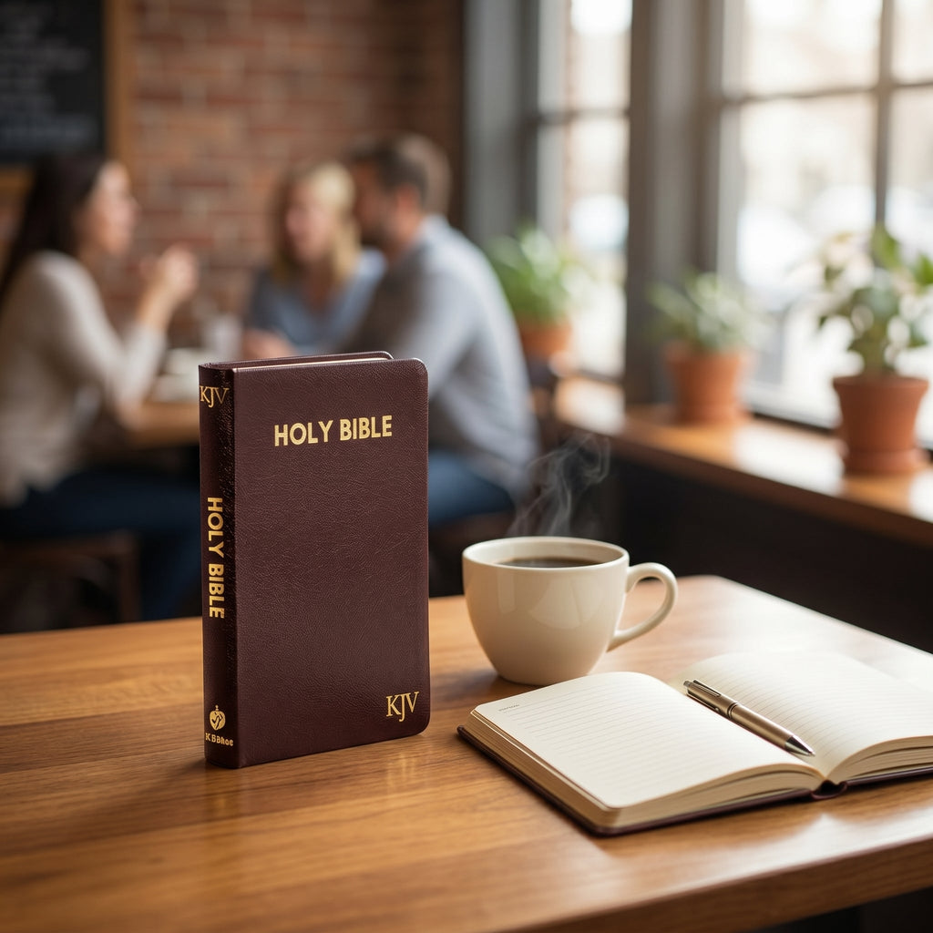 Studio photo of KJV Holy Bible Compact - Burgundy Pebbled Leatherette in lifestyle