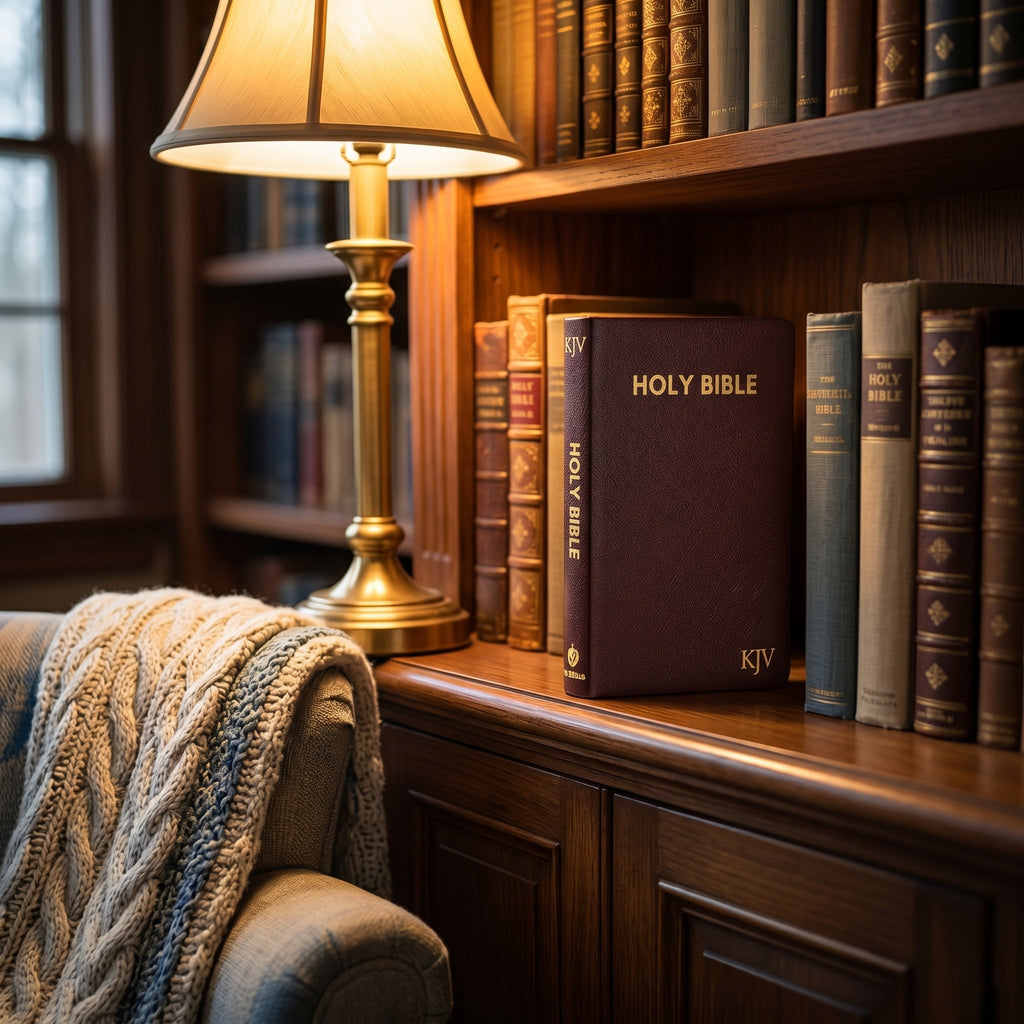 Studio photo of KJV Holy Bible Compact - Burgundy Pebbled Leatherette in context