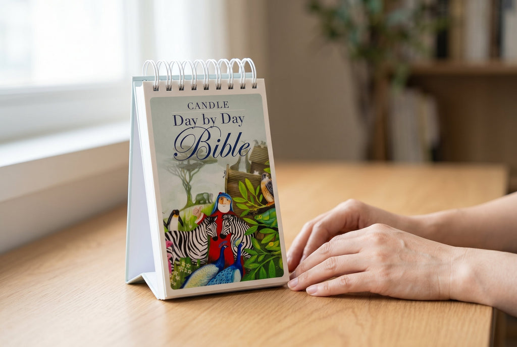 Studio photo of Candle Day By Day Bible in lifestyle