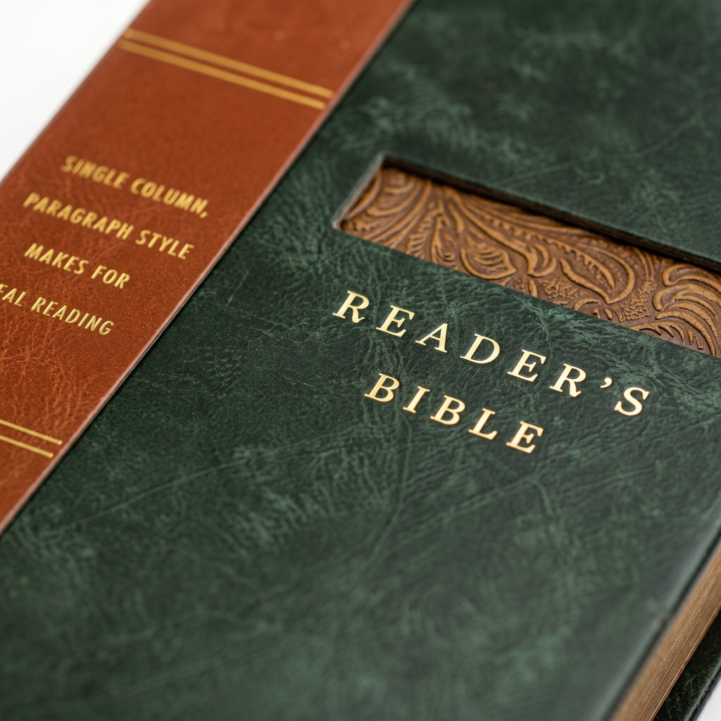 Studio photo of KJV Reader's Bible, Black/Brown Tooled LeatherTouch in detail