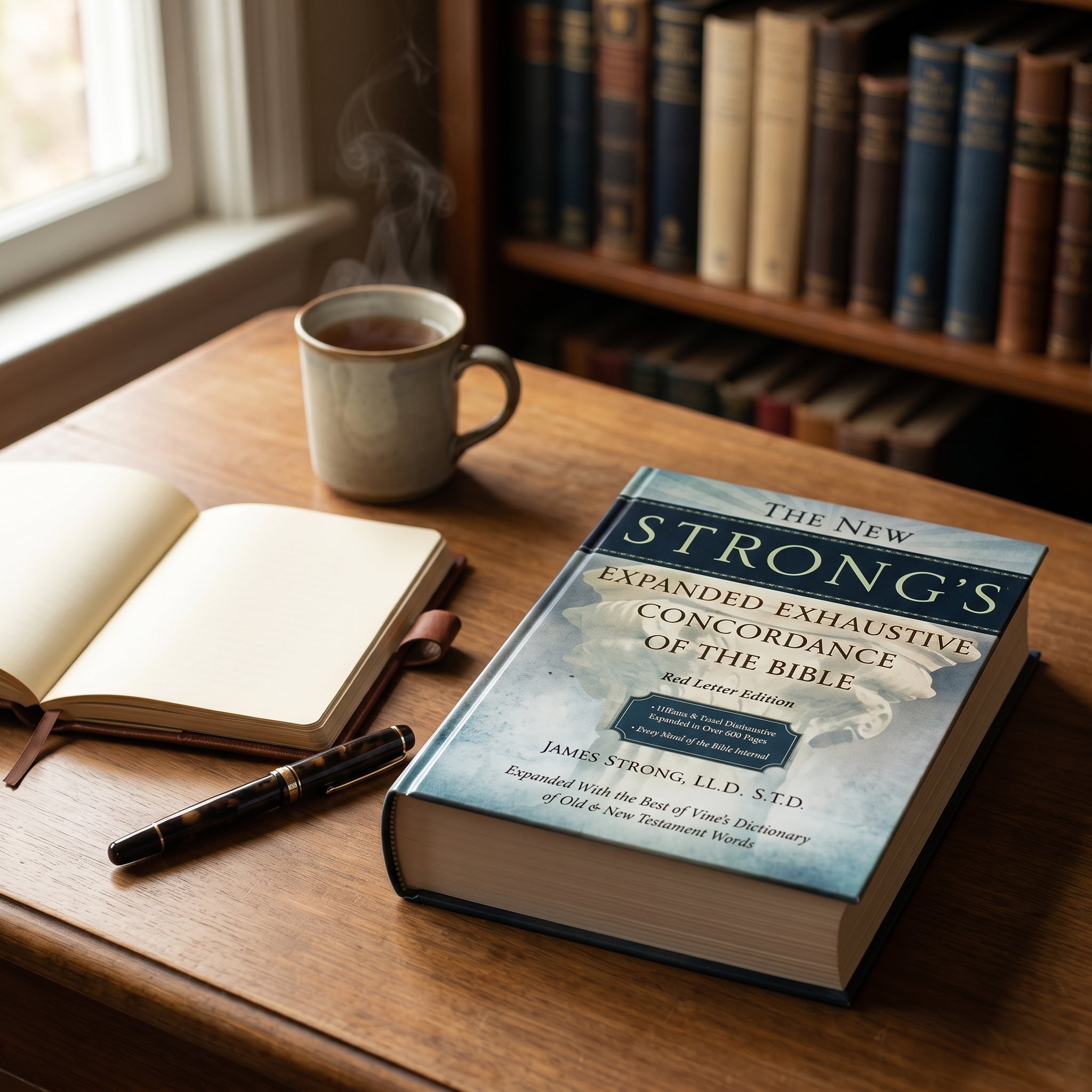 Studio photo of The New Strong's Expanded Exhaustive Concordance of the Bible: Every Word of the Bible Indexed, Red Letter Edition in lifestyle