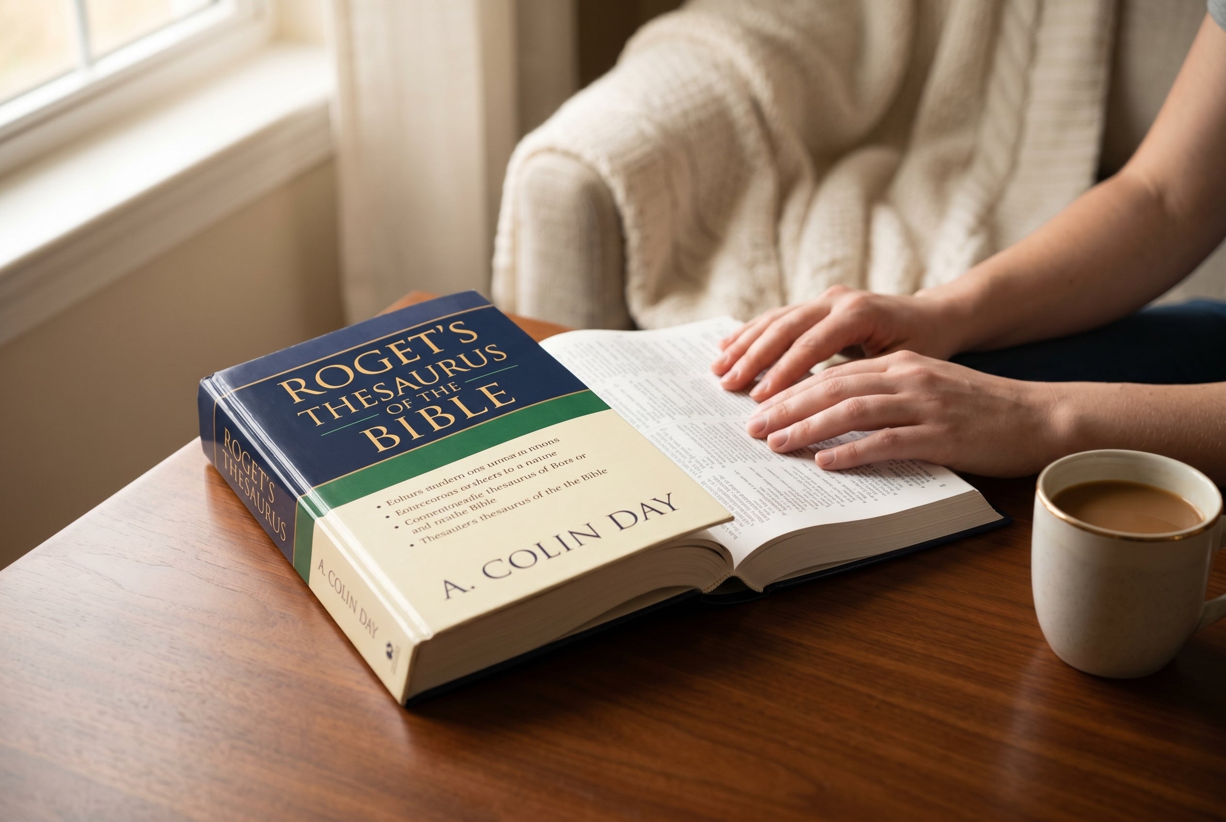 Studio photo of Roget's Thesaurus of the Bible in lifestyle