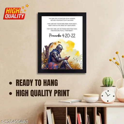 Proverbs 4:20-22 Biblical Scripture Wall Art with Knight Illustration, Black Framed Canvas Print