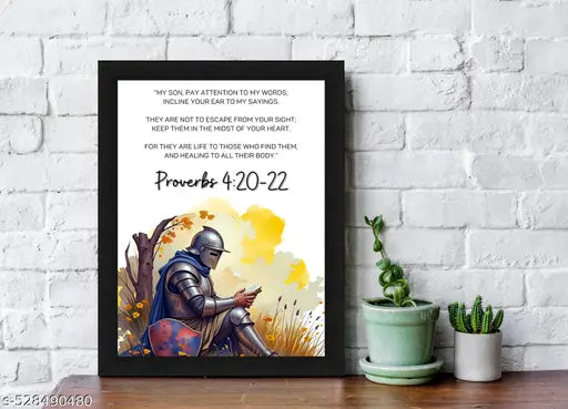 Proverbs 4:20-22 Biblical Scripture Wall Art with Knight Illustration, Black Framed Canvas Print