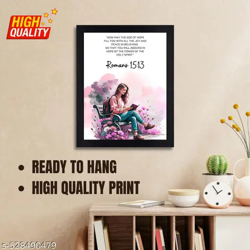 Romans 15:13 Bible Verse Wall Art - Christian Scripture Print with Elegant Floral Design in Black Frame