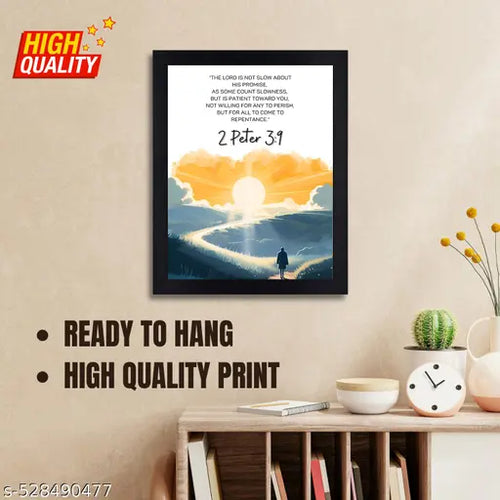 2 Peter 3:9 Bible Verse Wall Art - Religious Scripture Print Featuring Sunset Landscape in Black Frame
